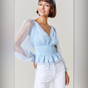 New York & Company Blue Wrap Peplum Blouse